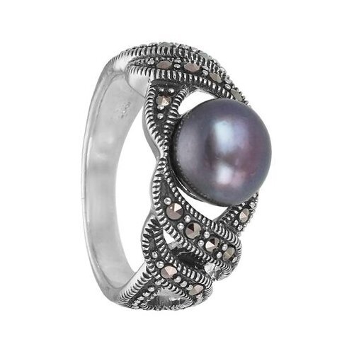Серебряное кольцо 'Волна' с чёрной жемчужиной