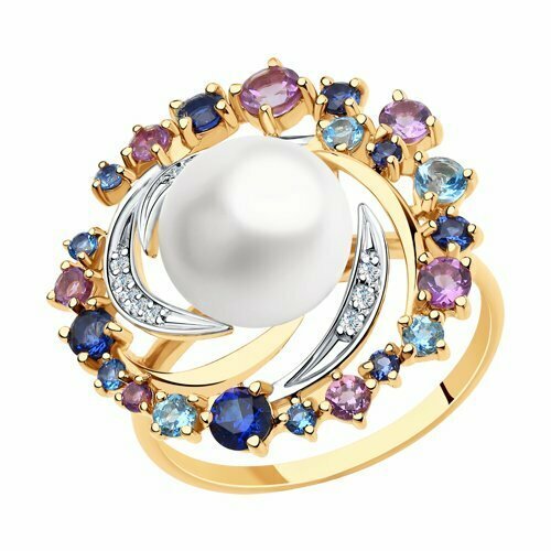 Кольцо Diamant online, золото, 585 проба, жемчуг, фианит, аметист, сапфир синтетический, топаз, размер 20