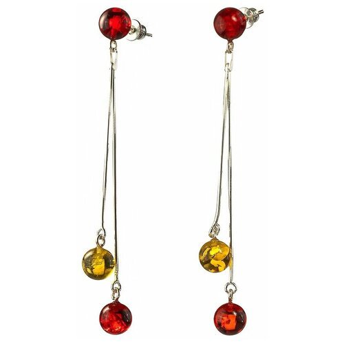Яркие серебряные серьги-цепочки с красным и лимонным янтарем