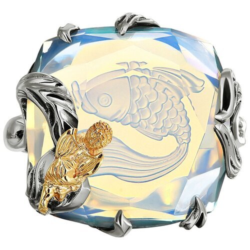 Женское кольцо с лунным камнем 'Ангел и рыбка' серебро, золото. Размер 17.5