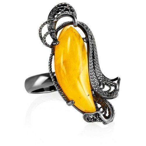 Amberholl Роскошное кольцо из чернёного серебра с медовым янтарём «Филигрань»