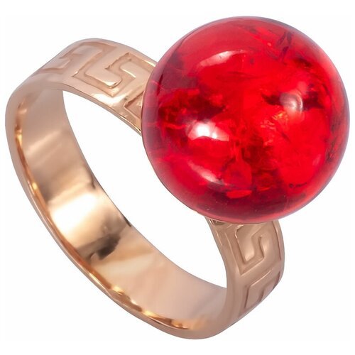 Яркое кольцо с красным янтарем в позолоченном серебре 'Македония'
