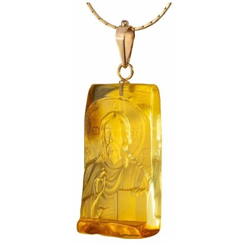 Золотой кулон с объемной резьбой по натуральноиму цельному янтарю 'Иисус Христос'